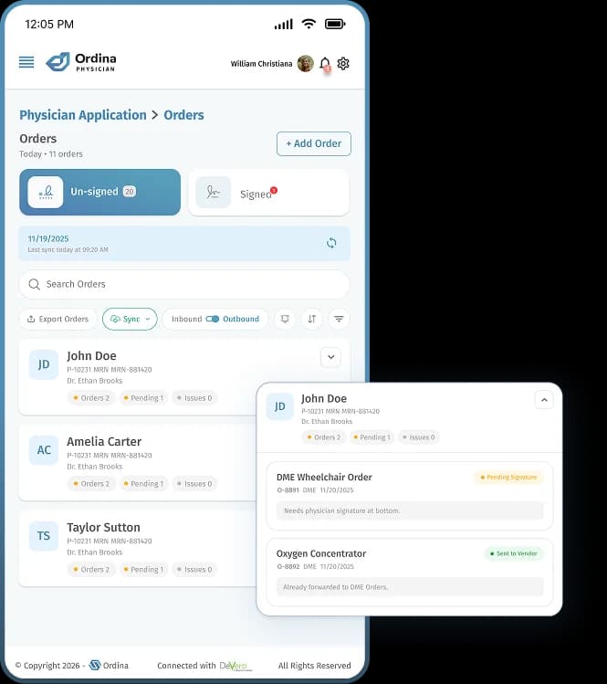 Ordina Physician mobile app — Orders screen with patient list and order details